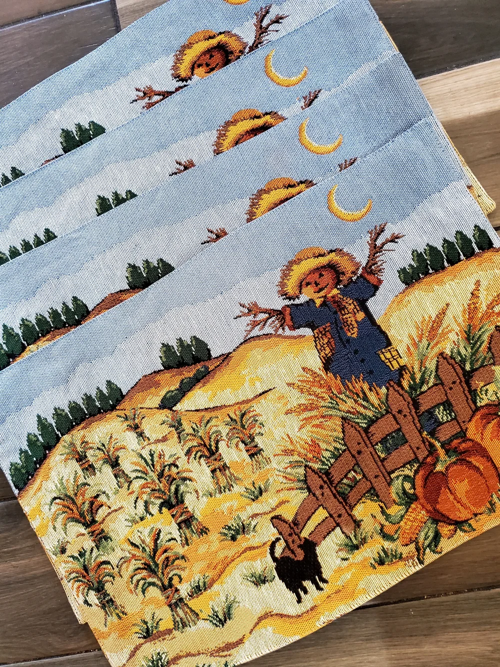 Autumn Harvest Scarecrow Decorative Placemat Set of 4 - Blue and Gold NEW